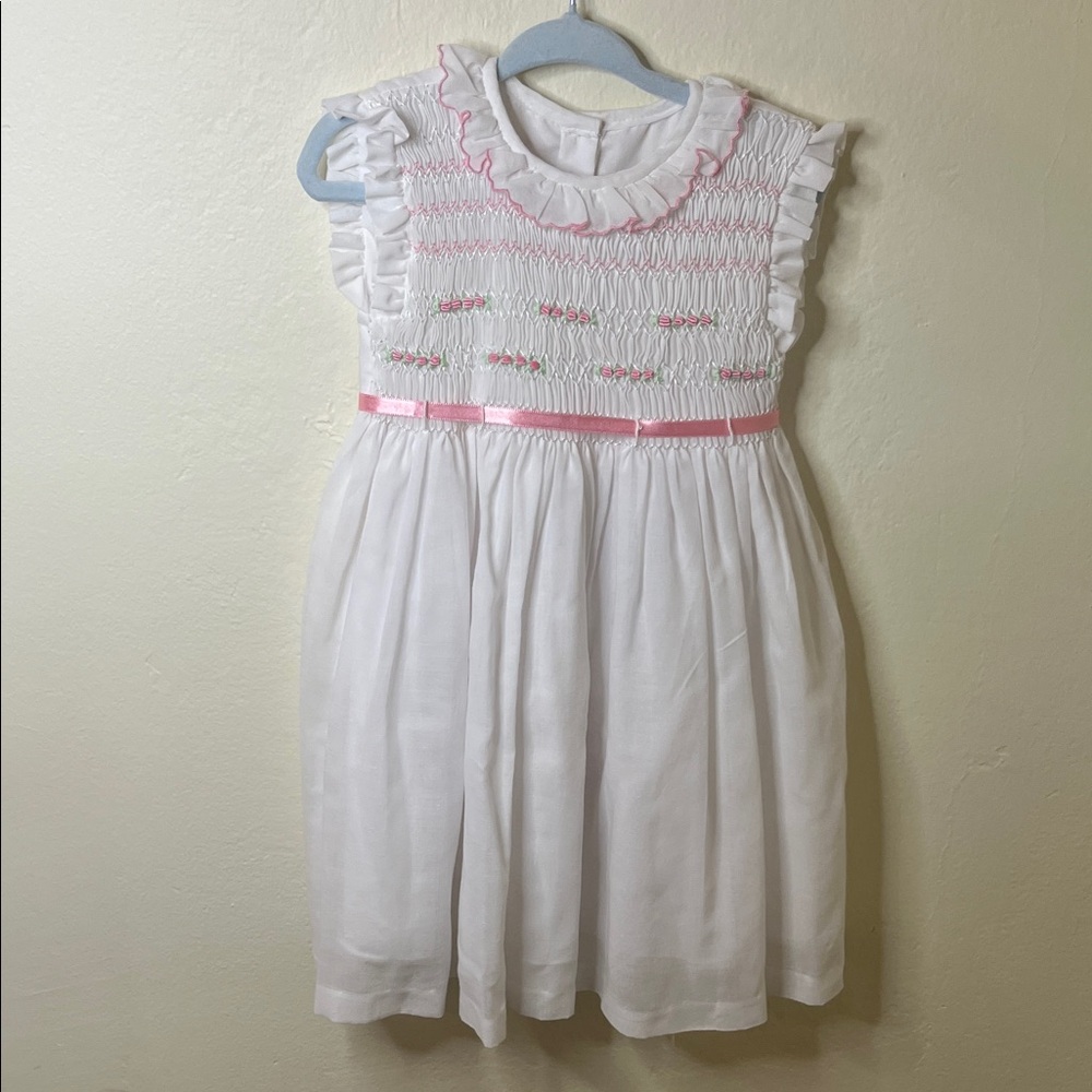 Vintage Elegant White and Pink Smocked Toddler Dress